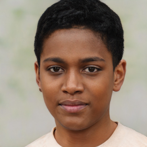Neutral black young-adult female with short  black hair and brown eyes