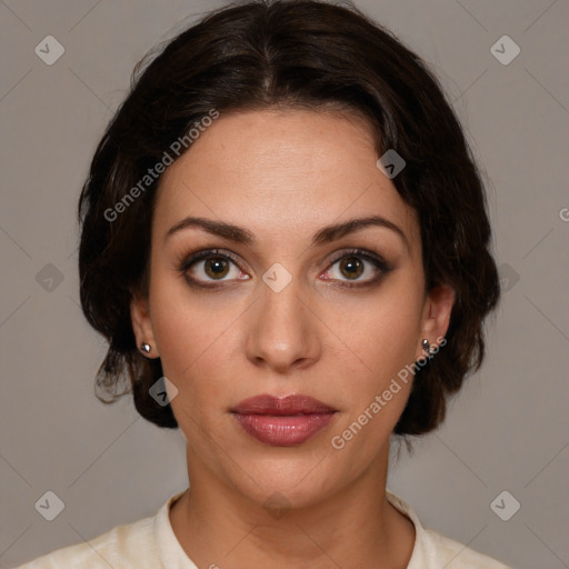 Neutral white young-adult female with medium  brown hair and brown eyes