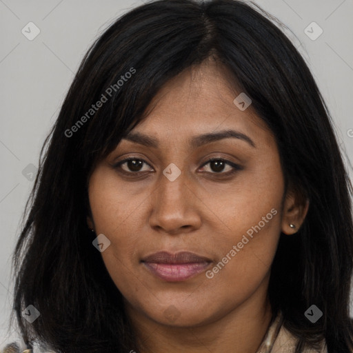 Joyful asian young-adult female with long  brown hair and brown eyes