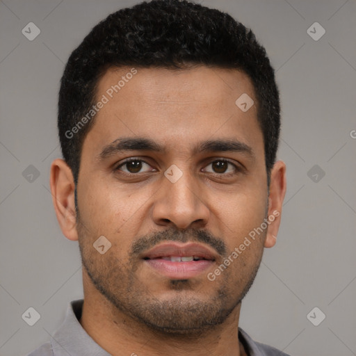 Neutral latino young-adult male with short  brown hair and brown eyes
