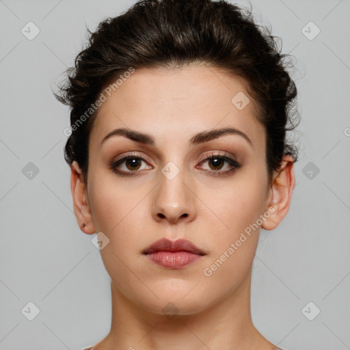 Neutral white young-adult female with short  brown hair and brown eyes