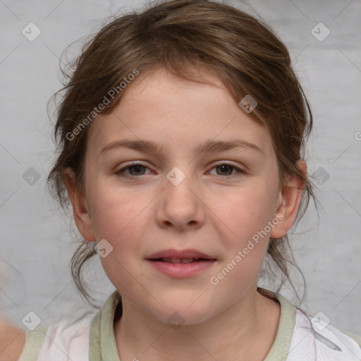 Joyful white child female with medium  brown hair and brown eyes