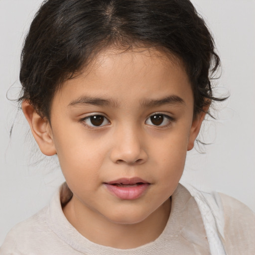 Joyful white child female with medium  brown hair and brown eyes