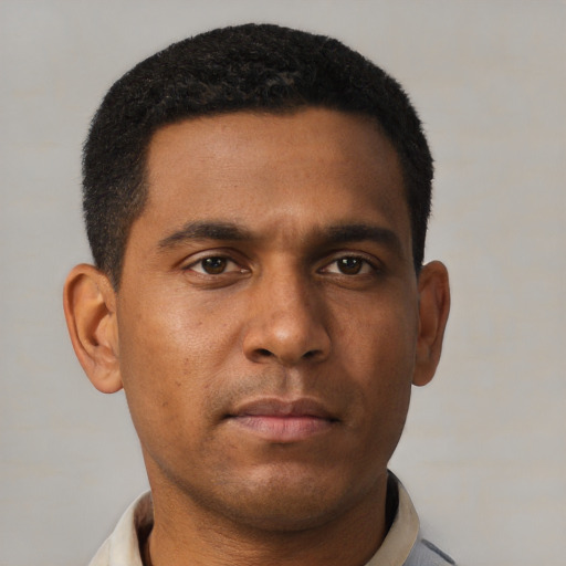 Neutral black young-adult male with short  brown hair and brown eyes