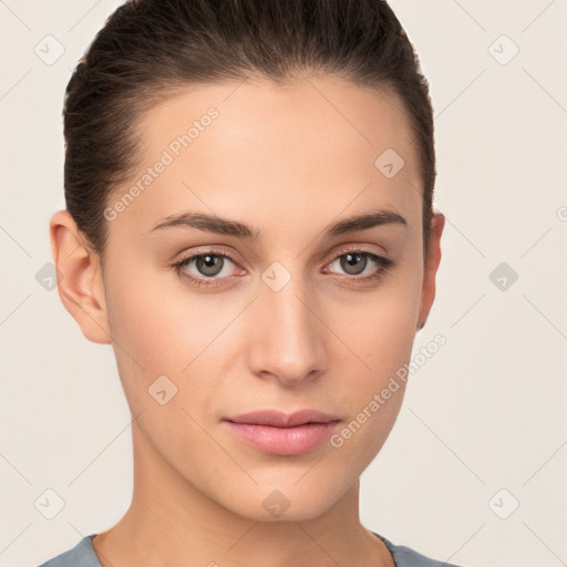 Neutral white young-adult female with short  brown hair and brown eyes