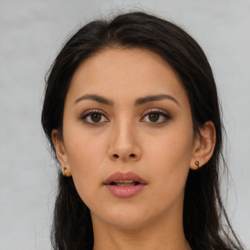 Neutral asian young-adult female with long  brown hair and brown eyes