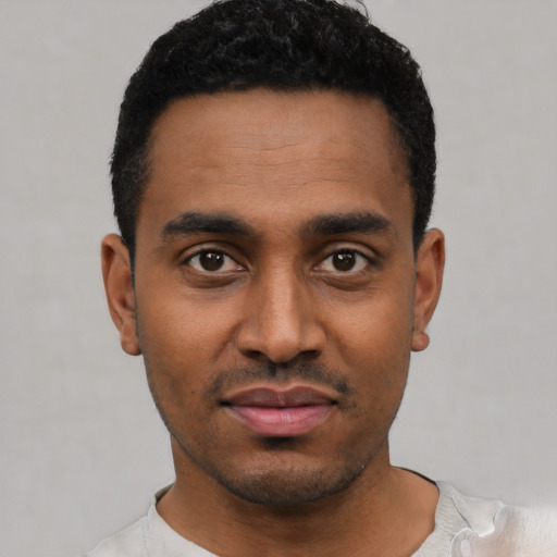 Neutral latino young-adult male with short  black hair and brown eyes
