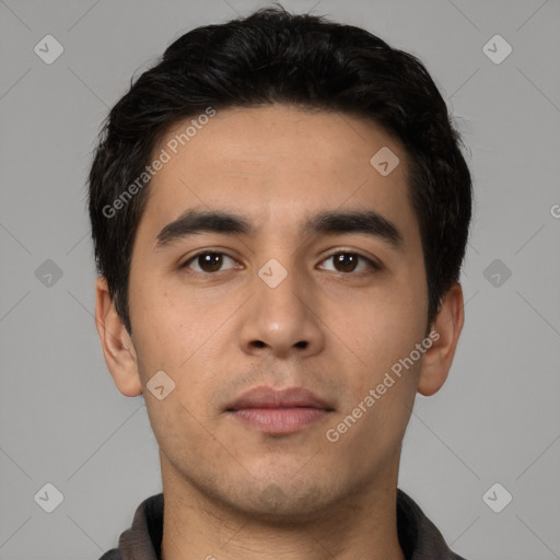 Neutral latino young-adult male with short  black hair and brown eyes