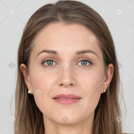 Joyful white young-adult female with long  brown hair and grey eyes