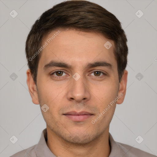 Neutral white young-adult male with short  brown hair and brown eyes