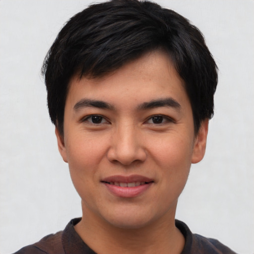 Joyful asian young-adult male with short  black hair and brown eyes