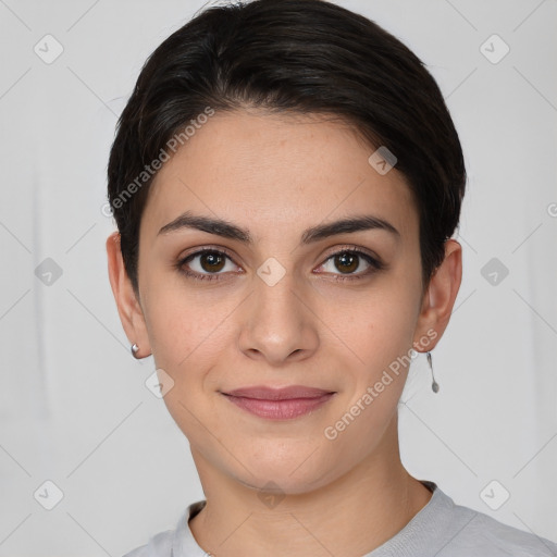 Joyful white young-adult female with short  brown hair and brown eyes