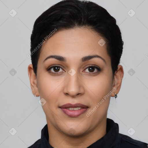 Joyful latino young-adult female with short  brown hair and brown eyes