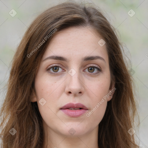 Joyful white young-adult female with long  brown hair and green eyes