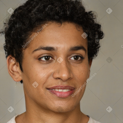 Joyful latino young-adult female with short  brown hair and brown eyes