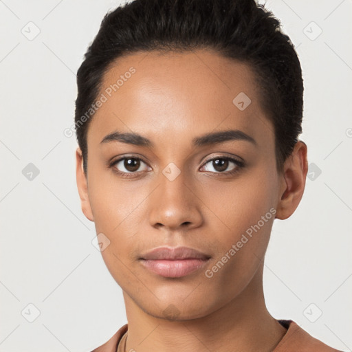 Neutral latino young-adult female with short  black hair and brown eyes