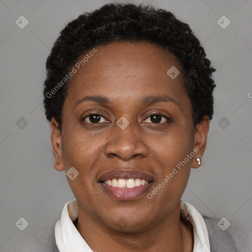 Joyful black adult female with short  brown hair and brown eyes