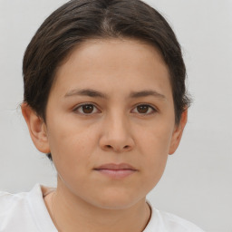 Neutral white young-adult female with short  brown hair and brown eyes