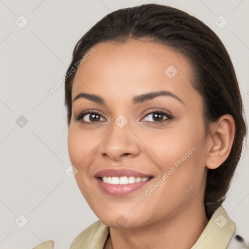 Joyful white young-adult female with long  brown hair and brown eyes