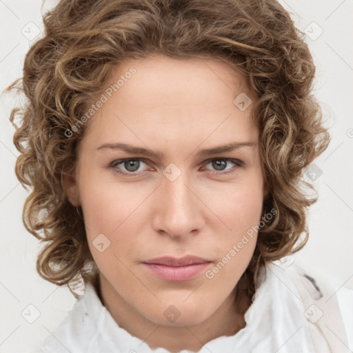 Joyful white young-adult female with medium  brown hair and green eyes