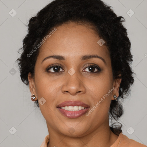 Joyful latino young-adult female with long  brown hair and brown eyes