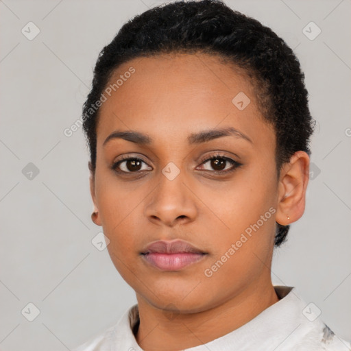 Neutral black young-adult female with short  black hair and brown eyes