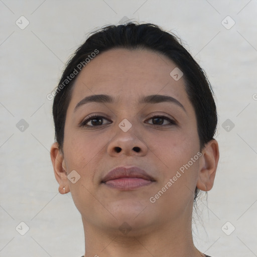 Neutral asian young-adult female with short  brown hair and brown eyes