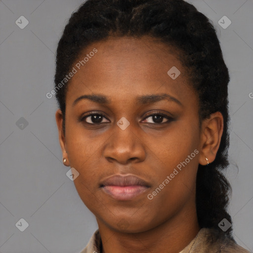 Neutral black young-adult female with short  black hair and brown eyes