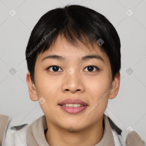 Joyful asian young-adult female with short  brown hair and brown eyes