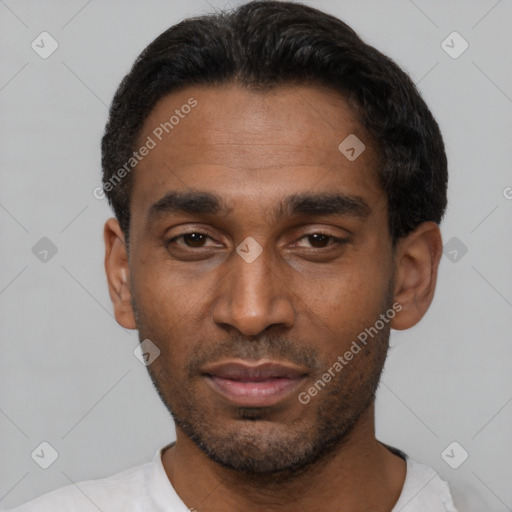 Neutral latino young-adult male with short  black hair and brown eyes