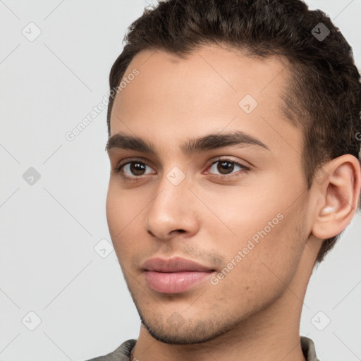 Neutral white young-adult male with short  brown hair and brown eyes