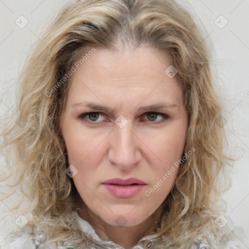 Joyful white young-adult female with medium  brown hair and green eyes