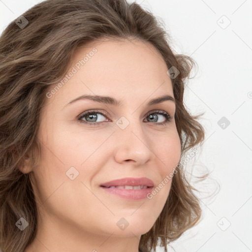 Joyful white young-adult female with long  brown hair and green eyes