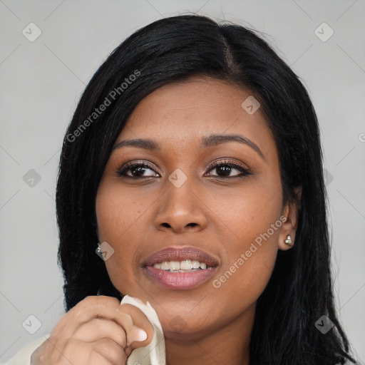 Joyful asian young-adult female with long  black hair and brown eyes