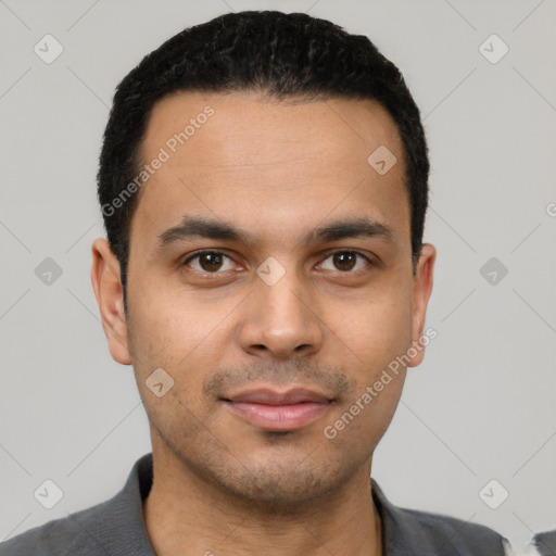 Neutral latino young-adult male with short  black hair and brown eyes