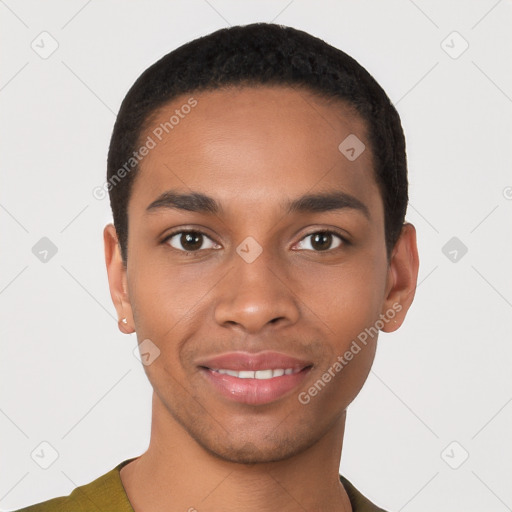 Joyful black young-adult male with short  black hair and brown eyes