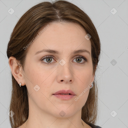 Neutral white young-adult female with medium  brown hair and brown eyes