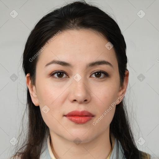 Neutral white young-adult female with medium  brown hair and brown eyes