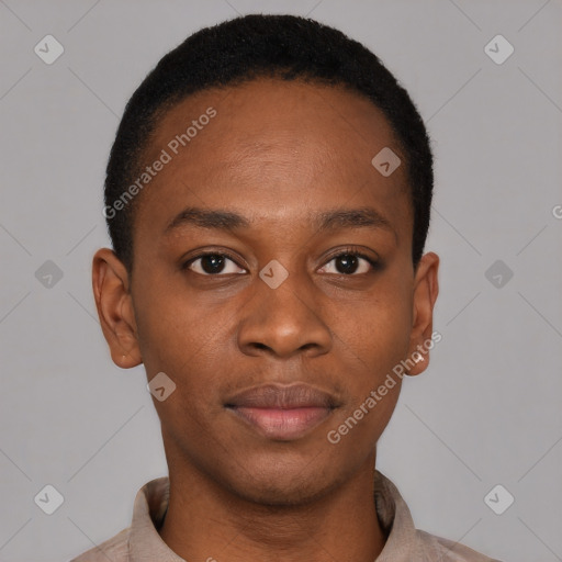 Neutral black young-adult male with short  black hair and brown eyes