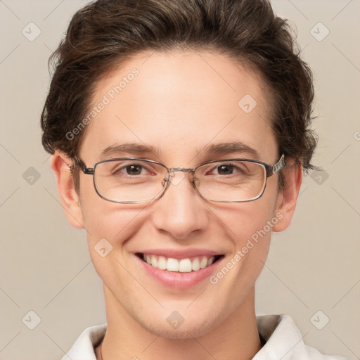 Joyful white adult female with short  brown hair and brown eyes