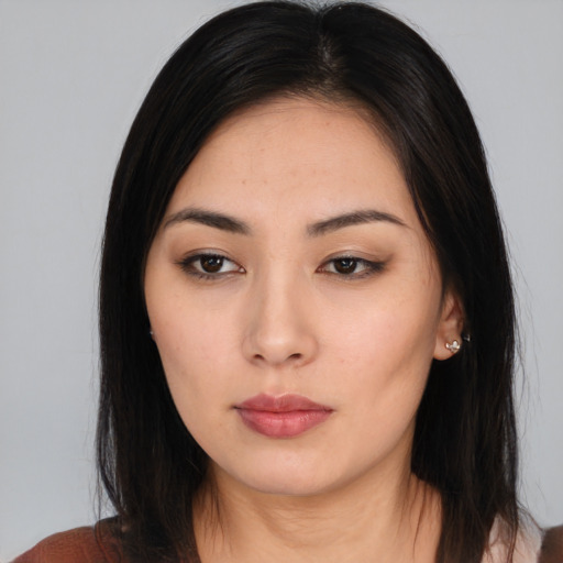 Neutral white young-adult female with long  black hair and brown eyes