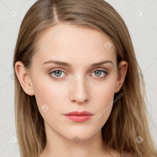 Neutral white young-adult female with long  brown hair and grey eyes