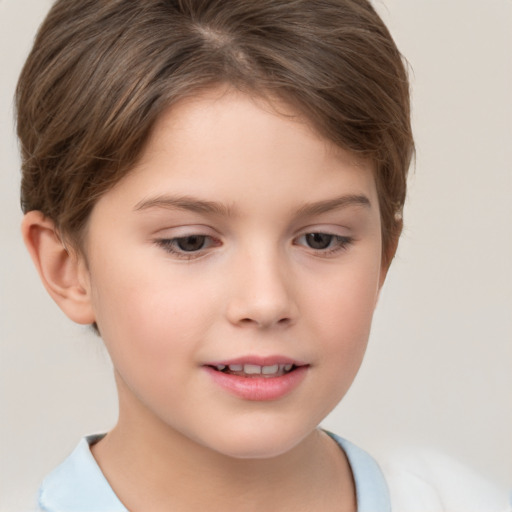 Joyful white child female with short  brown hair and brown eyes