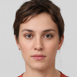 Neutral white young-adult female with short  brown hair and brown eyes