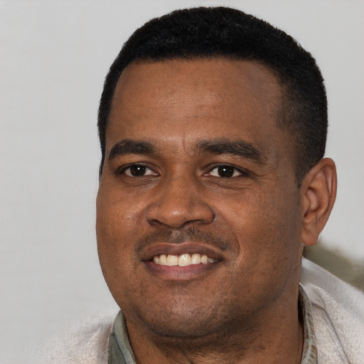 Joyful black young-adult male with short  black hair and brown eyes