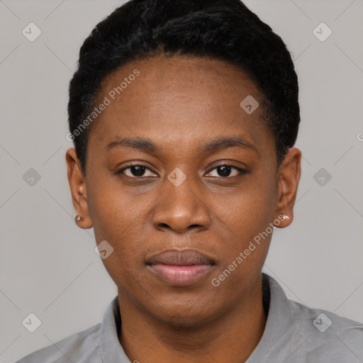 Neutral black young-adult female with short  black hair and brown eyes