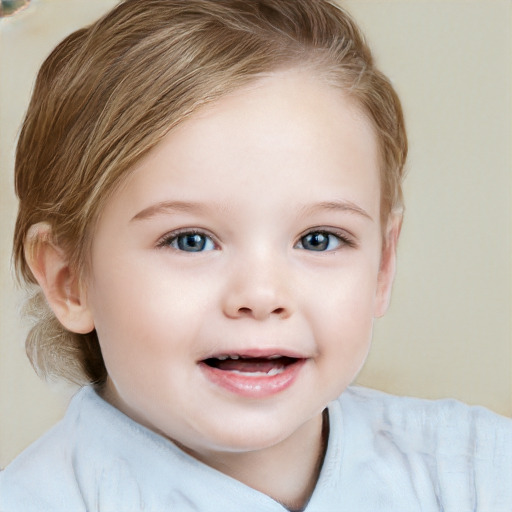 Joyful white child female with medium  brown hair and blue eyes