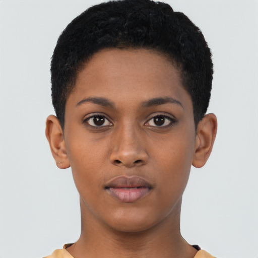 Neutral black young-adult female with short  black hair and brown eyes