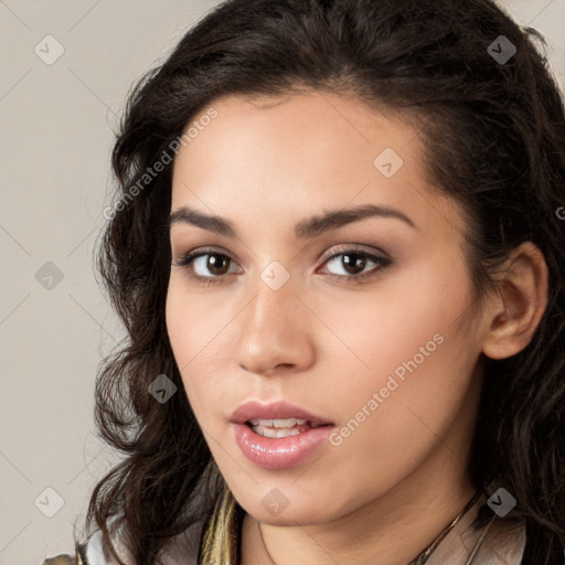 Neutral white young-adult female with long  brown hair and brown eyes