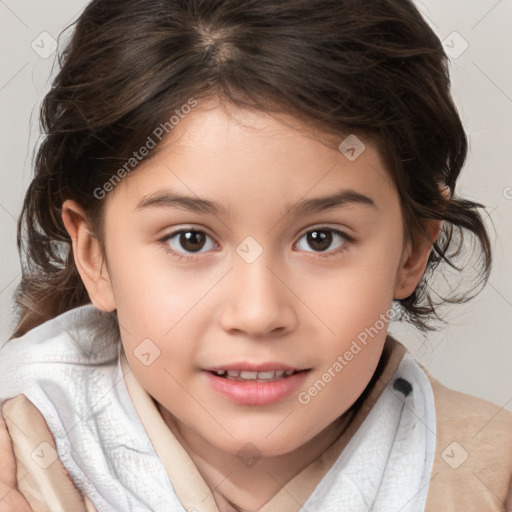 Joyful white child female with medium  brown hair and brown eyes